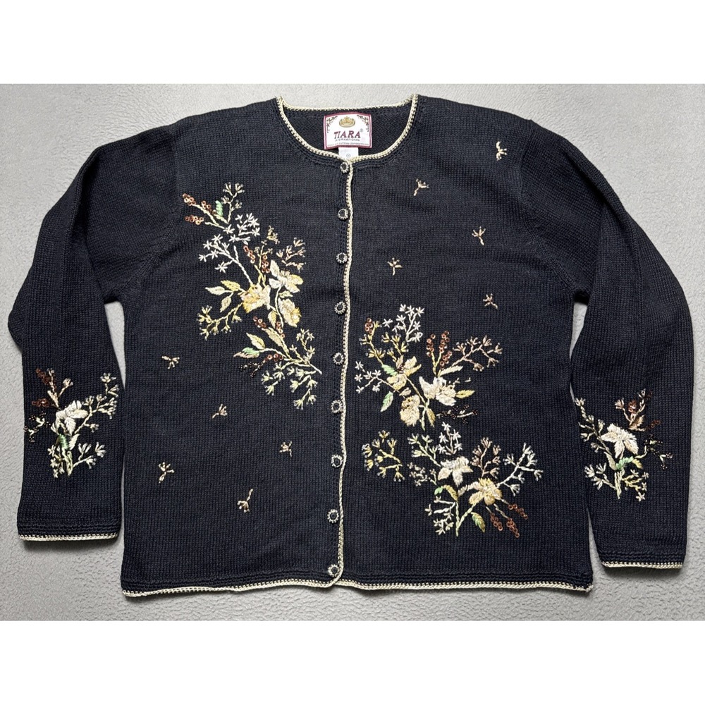 VTG Tiara International Cardigan Sweater Womens Sz Medium Black Embroidered Boxy